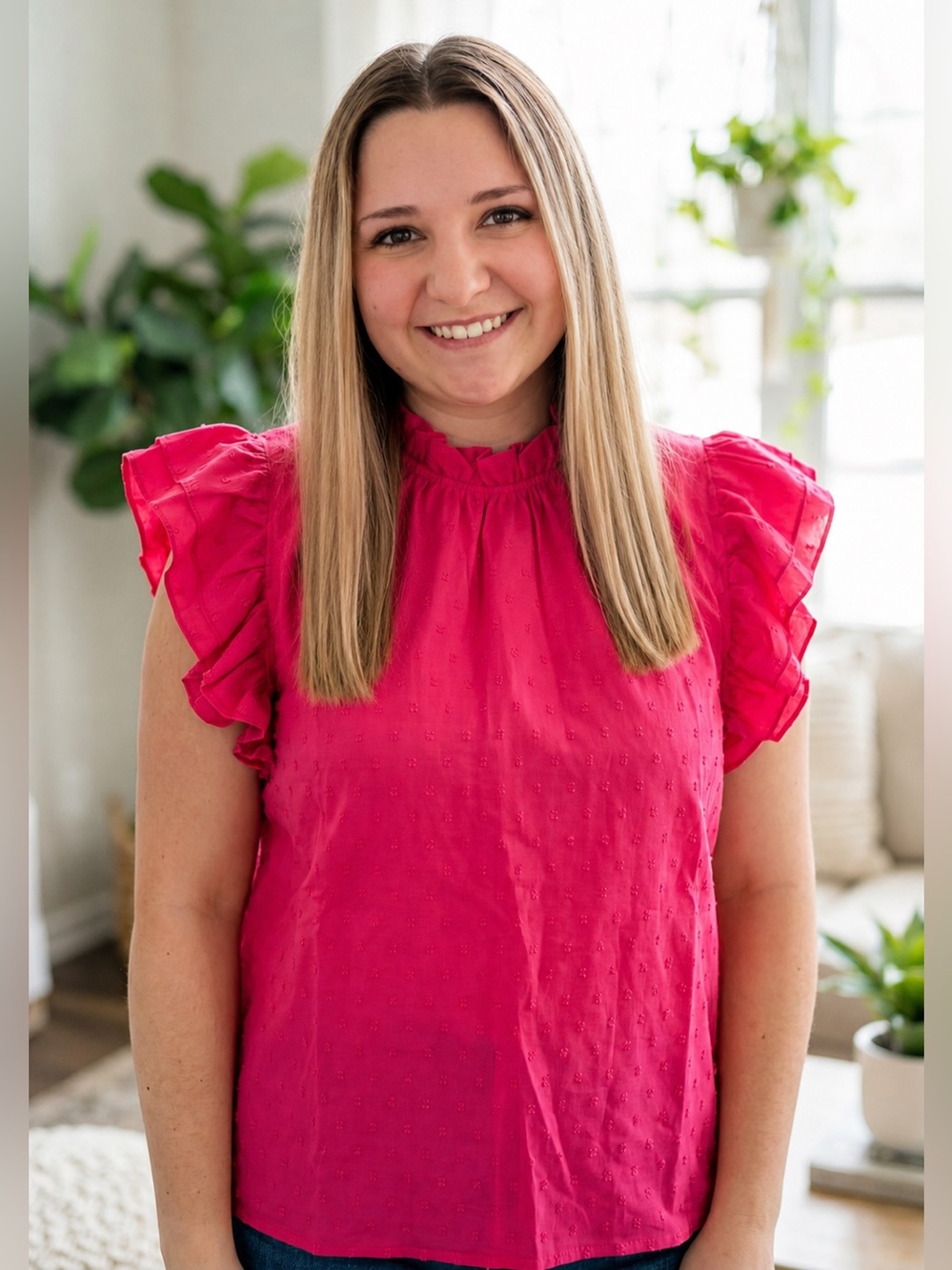 AndTheWhy Bright Pink Ruffled Sleeve Womens Top Size 1X